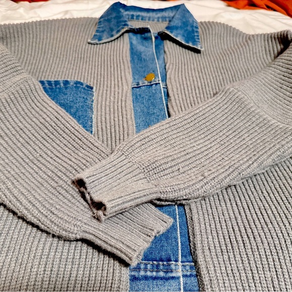 SALE! Chic Upcycled Denim-Collar Cardigan - Picture 3 of 4